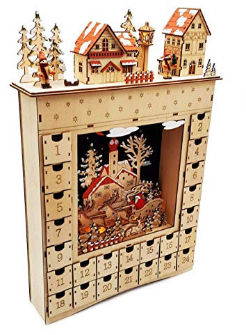 Wichtelstube-Kollektion Adventskalender 2023 zum Befüllen, Adventskalender Holz mit Großen Schubladen, Handgefertigt aus Echtholz, LED Beleuchtung, Timer-Funktion, Batteriebetrieben, 3D Effekt