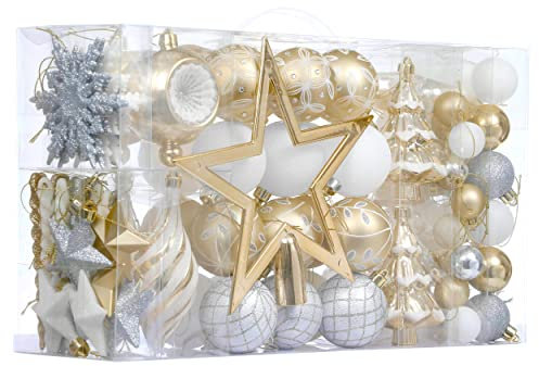 Valery Madelyn Weihnachtskugel-Ornamente für Valentinstag, 100 Karat Weiß und Gold, bruchsicher, Weihnachtsbaumschmuck-Set, Elegante hängende Ornamente für Weihnachtsbäume, Großpackung für Feiertage,