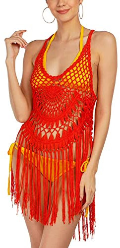 ALLEN & MATE Sexy Lace Swimsuit Cover Up for Women Handmade Crochet Tassel Bathing Suit Swimwear Summer Beach Dress (S, Red)