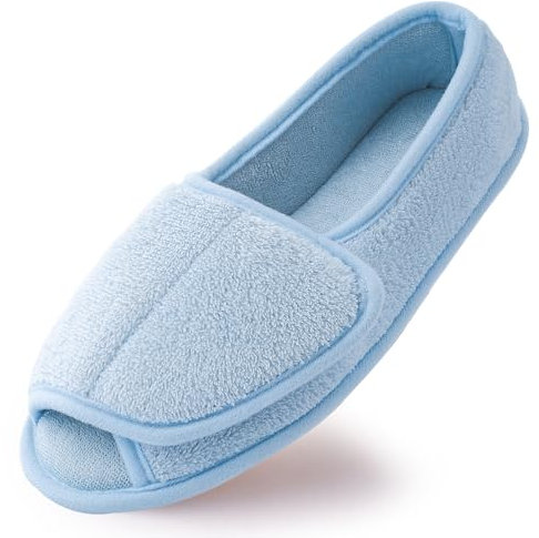 Git-up Donna Morbide Comode Pantofole Casa Calde Leggere e Antiscivolo Ciabatta con Soletta Memory Foam Regolabili diabetiche artrite Edema Piedi Punta Aperta Piatte Indoor/Outdoor Slippers, Blu 6.