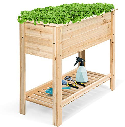 DREAMADE Jardinière Surélevée en Bois avec Etagère de Rangement, Potager sur Pieds en Hauteur, Bac à Fleurs de Jardin Intérieur et Extérieur pour Plantes, Herbes, Charge Max 80 KG (92 x 41 x 81 CM)