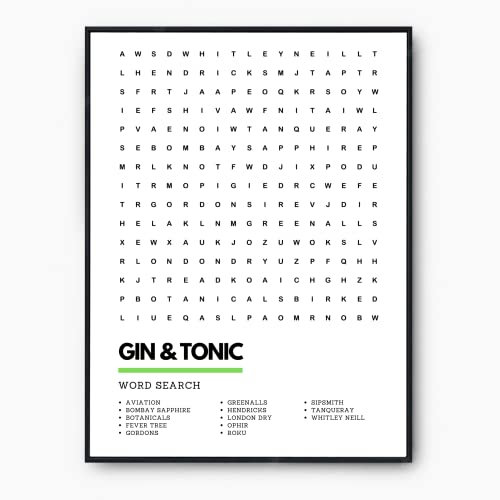 Gin and Tonic Poster Kitchen Wordsearch Art Print | A3 A4 Framed or Unframed - Perfect Gift Idea (A3, Unframed)