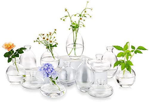 Kleine Vasen Für Tischdeko Vintage Handmade, 4 Sätze (12 Stück) Klar Mini Vase Glas Blumenvase Modern Set Verschiedene Groessen Schlanke Hydroponic Glasvase Fuer Blumen Deko Hochzeit Tisch Wohnzimmer