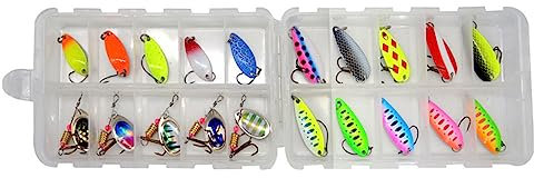 20 Stück Forelle Angeln Löffel Köder, Spinner Köder Kurbelköder mit Kunststoff-Box, Angelköder Kit gemischte Farbe für Forelle, Saibling Hecht und Barsch in Süßwasser Salzwasser Angeln Zubehör (A04)