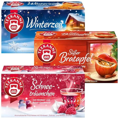 Teekanne Wintertee Set - Genussvoller Winterzauber im 3er Set (2x 50g, 1x 40,5g) mit den Sorten Süßer Bratapfel, Winterzeit & Schneeträumchen, insgesamt 58 Teebeutel für puren Wintergenuss