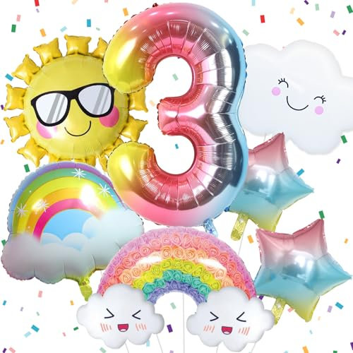 Luftballon Regenbogen Deko 3. Geburtstag Mädchen, Regenbogen Sonne Folie Luftballons, Regenbogen Sterne und Zahl 3 Folienballon für 3 Jahr Mädchen Geburtstagsdeko Regenbogen Kindergeburtstag Deko