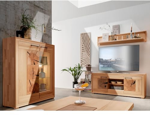 Lomadox Wohnmöbel Set Wohnwand Kernbuche massiv geölt montiert 3-teilig Modern, Highboard, Wandboard, Lowboard