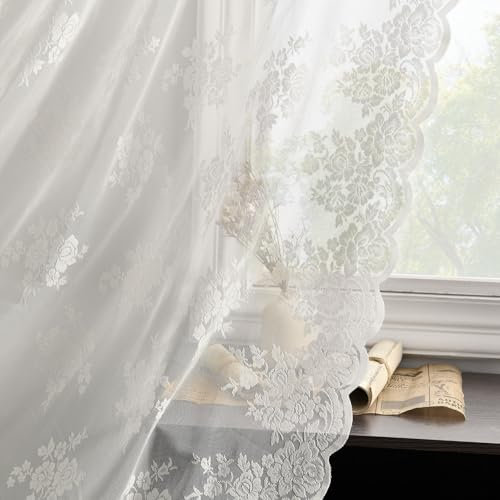 Kotile Tende in pizzo, 228,6 cm di lunghezza, 2 pannelli, rustiche, floreali ricamate, bordi smerlati, in voile, per finestre, con tasca per asta, stile vintage, per camera da letto, 132 x 228 cm
