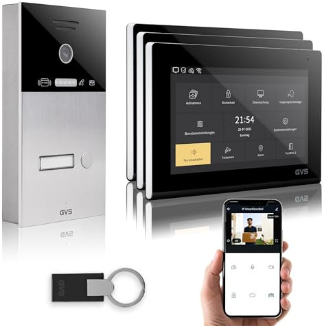 GVS - IP Video Türsprechanlage mit Türöffner, RFID Zugang, HD Kamera, 3X 7 Zoll Monitor & App - Smarte Video Türklingel mit Kamera & Gegensprechanlage für 1 Familienhaus (AVS4086A)