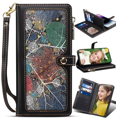 BAILI Custodia con cerniera per Nothing Phone (2a)/(2a) Plus, Modello a foglie, Tasca con cerniera da polso a mano per Nothing Phone (2a)/(2a) Plus-Nero