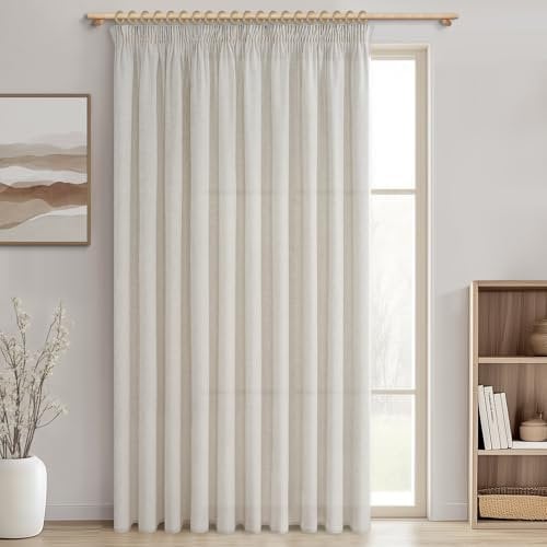 MRTREES Extra Breite Gardinen Leinenoptik Halbtransparent für Große Fenster Wohnzimmer, Boho Vorhang Kräuselband Elfenbeinweiß 1 Stück 240 cm Lang 300 cm Breit Vorhänge für Schienen Schlafzimmer