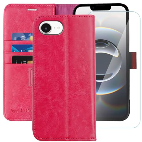 MONASAY For iPhone 16E Case,Apple 16E Wallet Case 6.1-inch, [Glass Screen Protector] Flip Folio Leather Cell Phone Cover with Credit Card Holder for Apple 16E 2025,Rosesand