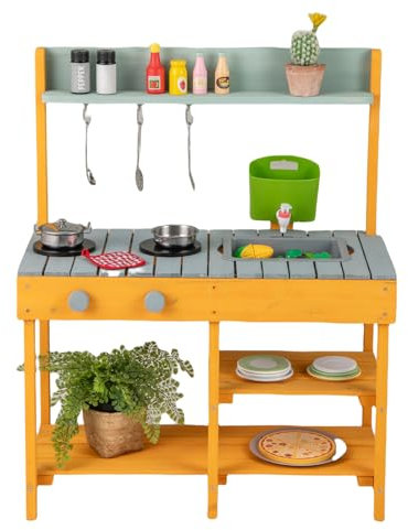 DREAMADE Cuisine Enfant, Cuisine de Boue en Bois pour Extérieur avec Plaque de Cuisson, Évier Amovible, Bac d'eau et Robinet, étagères de Rangement (Orange)
