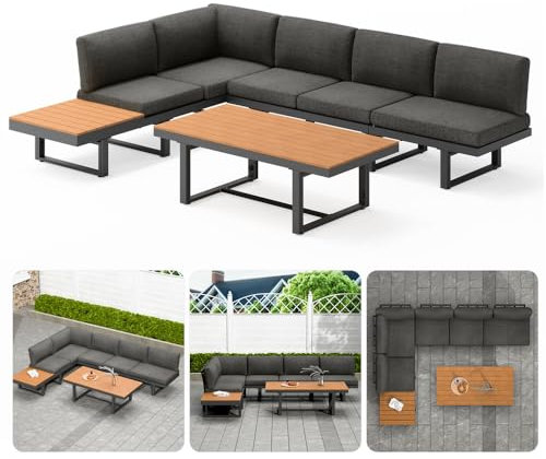 Melko Gartenmöbel Set Aluminium Ecklounge 5-Fach verstellbare Rückenlehnen Essgruppe höhenverstellbarer Tisch WPC | wetterfest und rostfrei | extra Dicke Wasserabweisende Kissen