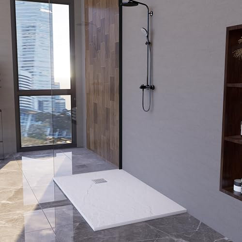 Plato Ducha Titan 70X180 Blanco - Resina Carga Mineral- Antibacterias Antideslizante C3-Sensacion Piedra Natural-Ultraresistente-Incluye Válvula Desagüe y Rejilla Acero Inox