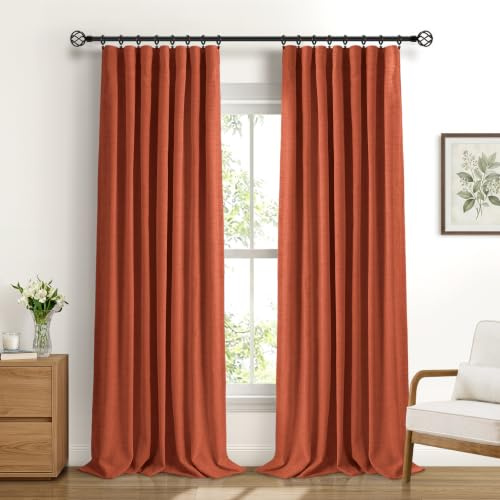 DEFYNEE 100% Verdunkelungsvorhang 2er Set H245xB140cm Orange | Leinenoptik, Thermo, 4 Aufhängearten, Für Stangen & Schienen, Lärmschutz, Schlaf- & Wohnzimmer, Inkl. 20 Clips