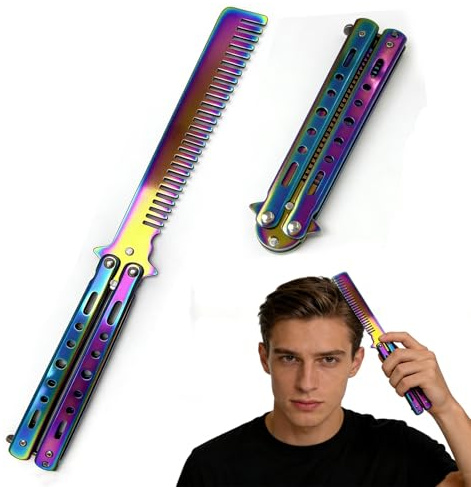 Pettine Pieghevole in Acciaio Inox, Pettine da Tasca per Capelli e Barba, Design Compatto e Resistente, Pettine da Uomo – 22 cm – Titanio Arcobaleno