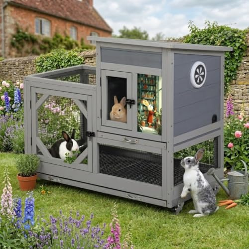 2-Tire Rabbit Hutch Run with Wheels, Guinea Pig Hutch with Air Vent & 2 Slide-out Trays, Small Animal House for Indoor & Outdoor, 90.5 x 50 x 87 cm