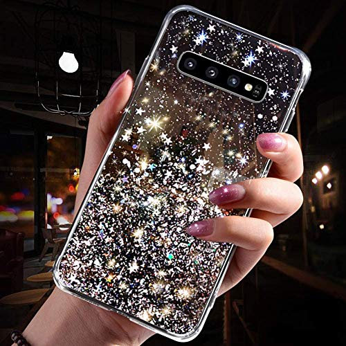 Herbests Kompatibel mit Samsung Galaxy S10 Hülle Transparent TPU Silikon Handyhülle Glänzend Glitzer Sterne Strass Diamant Clear Durchsichtige Case Tasche Klar Slim Stoßfest Schutzhülle,Schwarz