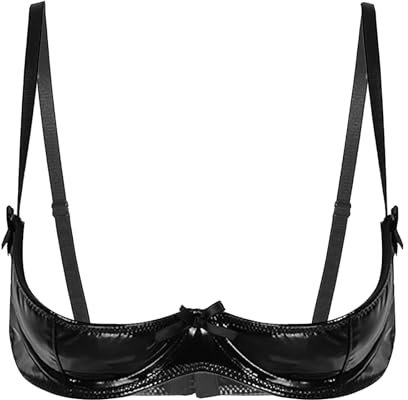 CHICTRY Women's PVC Leather 1/4 Cups Shelf Bra Top Underwired Open Nipple Push Up Bralette Lingerie 3# Black S