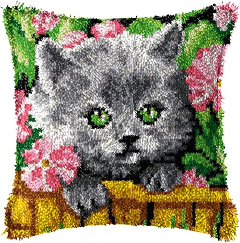 ROCKY&CHAO Knüpfhaken-Kits, DIY Niedliche Katze Überwurf-Kissenbezug 43x43cm, Häkelarbeiten, für Anfänger, Kinder und Erwachsene, handgefertigt, Heimdekoration, Festival