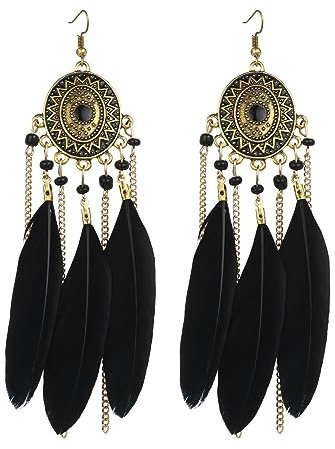 fdsmall Faux Feder Ohrringe für Frauen - Böhmische Fransen Quaste Lange Tropfen Dangle Ohrringe Vintage Schmuck Zubehör (schwarz)