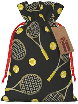 Lustige Tennisschläger und Tennisbälle drucken stilvolle Weihnachts-Geschenktasche – umweltfreundliche Polyester-Tasche mit Kordelzug-Verschluss