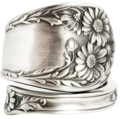 XRCXBLSC Stainless Steel Engraved Floral Ring Floral Rose Ring Vintage Knuckle Ring Vintage Spoon Rings for Women Flower Boho Floral Statement Jewelry Silver Vintage Boho Floral Thumb Jewelry(Q)