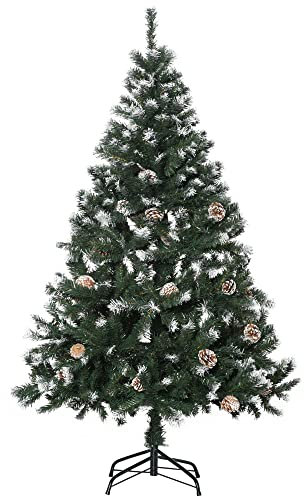 HOMCOM Albero di Natale 150cm con 676 Rami Innevati e Pigne, Albero di Natale Artificiale con Apertura Automatica e Base Pieghevole, Verde