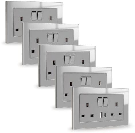 JIMEIDA 5 Pack Double Switched Socket Grey 20W Fast Charging 13 Amp with USB A and Type C Charging Ports Crystal Glass Panel Switched Socket