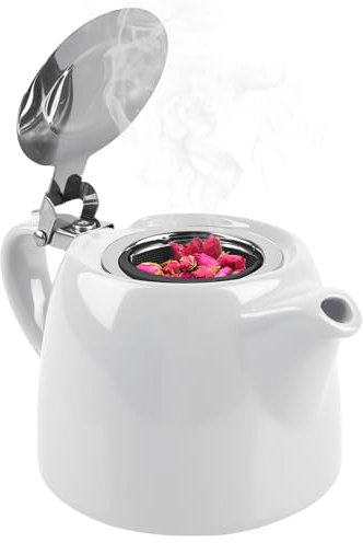 GAOUTO Teekanne mit Siebeinsatz, 500ML Isolierende Keramik Teekanne mit Herausnehmbarem Edelstahl-Teesieb, Edelstahl Feinmaschiger Infuser, Weiß