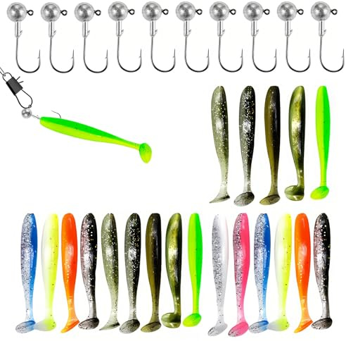 YUZHEDM Gummifisch mit Jigköpfen Bleikopfhaken Künstlicher Gummifisch Angelköder Angelausrüstung Gummiköder-Angelset Gummifisch-Set Gummifisch