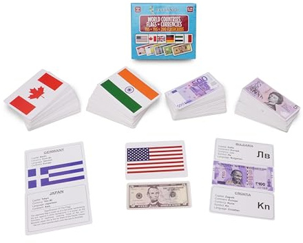 World Country Flags Flash Cards for Kids, Currency Flash Cards, 195 + 195 = 390 Educational Country Geography Games Cards