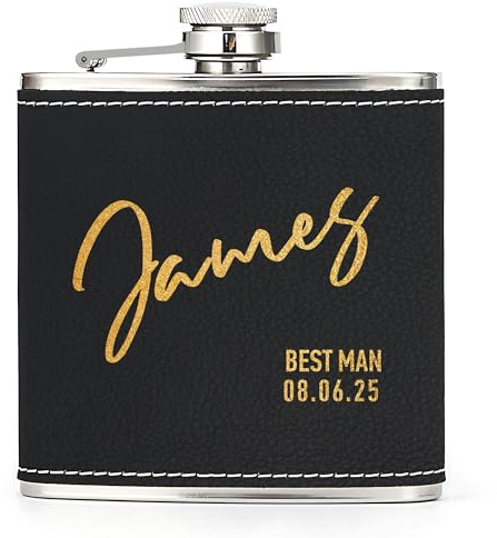 Hip Flask Personalised Hip Flask for Men Custom Engraved PU Leather Hip Flasks Whisky Flask Wedding Best Man Gifts for Usher Groomsmen Groom Father of The Bride (Black, Design 3)