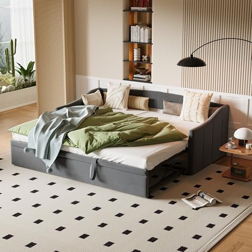 RXMORI 90x200cm Ausziehbares Tagesbett mit Holzlattenrost, Polsterbett Ausziehbares Schlafsofa 90/180x200cm, Einzelbett/Doppelbett mit Lattenrosten, Multifunktionsbett