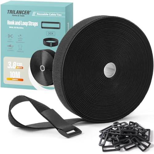 Trilancer Mehrfachbänder, 3.8cm x 10 m, Robustes Klettband mit 30 Schnallen | Verstellbarer Klett-Kabelbinder, auf Maß Zuschneidbar & Wiederverwendbar, Ideal für Kabel, Schläuche, Rohre und Mehr