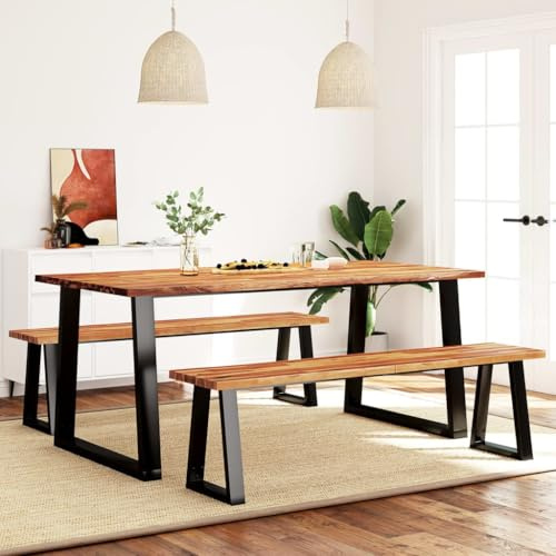 Owoxanthellate Essgruppe aus Akazienholz mit 2 Bänken 180x90 cm Esstisch Set mit Baumkante Schwarz Gestell Massiv Industrie Look Essecke Komplett für Esszimmer Wohnküche