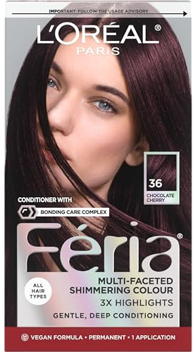 L'Oreal Paris Feria Multi-Faceted Shimmering Permanent Hair Color, 36 (Chocolate Cherry) Deep Burgundy Brown, Pack of 1 Hair Dye Kit
