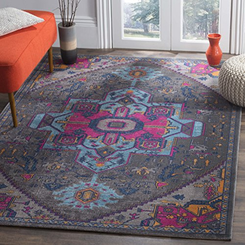 SAFAVIEH Traditionell Teppich für Wohnzimmer, Esszimmer, Schlafzimmer - Artisan Collection, Kurzer Flor, Grau und Fuchsia, 122 X 183 cm