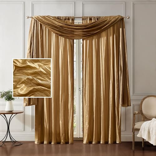 Elrene Athena Set di Tende e mantovana per Finestra in Finta Seta con Filtro a Luce e Sciarpa, 132 x 241 cm, Oro, Poliestere, W 52 x L 95 (3 Panels), 3 unità