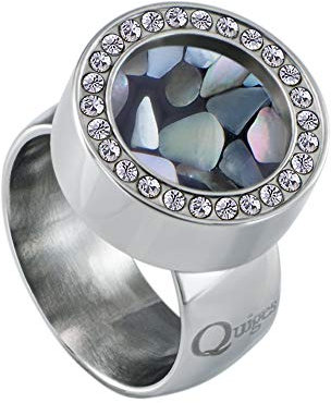 Quiges Silber Edelstahl Ring mit Zirkonia 12mm Mini Coin Halter Wechselring und Austauschbar Grauer Kieselstein Muschel Coin in Größe 20mm