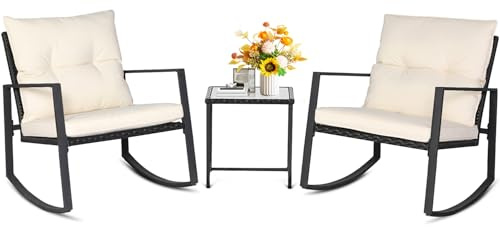SUNCROWN 3 Piece Outdoor Rocking Bistro Set Black Wicker Furniture Porch Chairs Conversation Sets with Glass Coffee Table, Beige