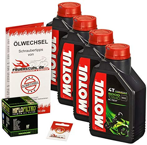 Motul 10W-40 Öl + HiFlo Ölfilter für Kawasaki ZZR 600, 02-06, ZX600E - Ölwechselset inkl. Motoröl, Filter, Dichtring