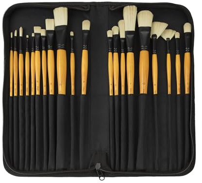 Creative Mark Paint Brush Set Mimik Hog Professional Synthetic Hog Bristle Brushes for Acrylics, Inks, Dyes, Gouaches, Watercolors, Easein & Egg Tempera - [Deluxe 20 Piece Set w/Leather Case]
