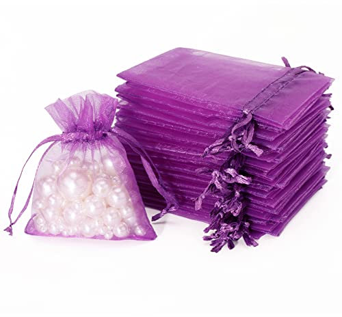jijAcraft Klein Organzasäckchen 7 × 9CM, Lila Organza Beutel, 100 Stück Organzasäckchen Geschenk, Organza Schmuckbeutel mit Kordelzug für Süßigkeiten, Geschenk