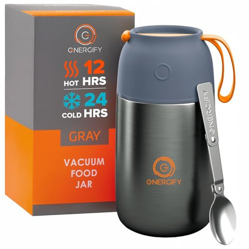 Vacuum Insulated Food Jar. Large 24oz Bowl incl. Folding Spoon, Cup. Wide Mouth thermos Keep Hot & Cold Drinks Soup thermo Lunch Container for Adults. BPA-Free Stainless Steel, Leak Proof Grey