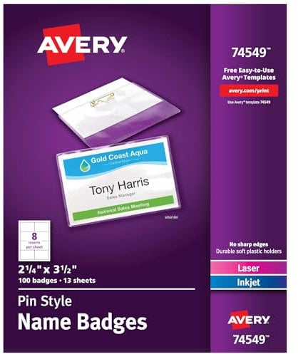Avery Namensschilder, personalisierbar, Pin-Stil, 5,7 x 8,9 cm, klare Namensschild-Halter, weiße Laser-/Tintenstrahl-bedruckbare Einsätze, insgesamt 100 Stück (74549)