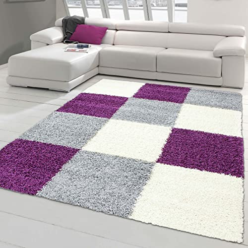 Shaggy Hochflor Langflor Teppich Wohnzimmer Gemustert in Karo Design Lila Grau Creme - Größe 120x170 cm