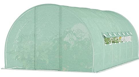 Outsunny Large Polytunnel Walk In Greenhouse, Plant Gardening Tunnel Green House with Metal Hinged Door, Galvanised Steel Frame & Mesh Windows, Green (3 x 6 m)