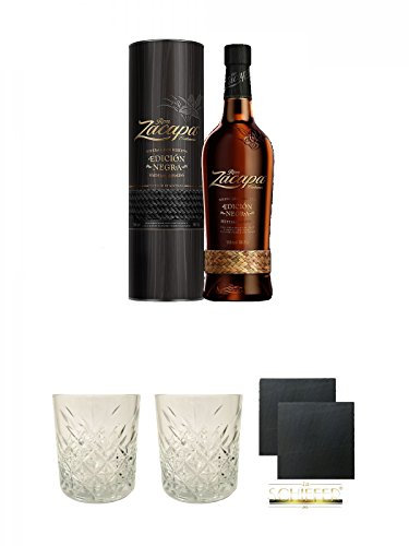 Ron Zacapa Variante - Edicion Negra - 0,7 Liter + Rum Glas 1 Stück + Rum Glas 1 Stück + Schiefer Glasuntersetzer eckig ca. 9,5 cm Ø 2 Stück